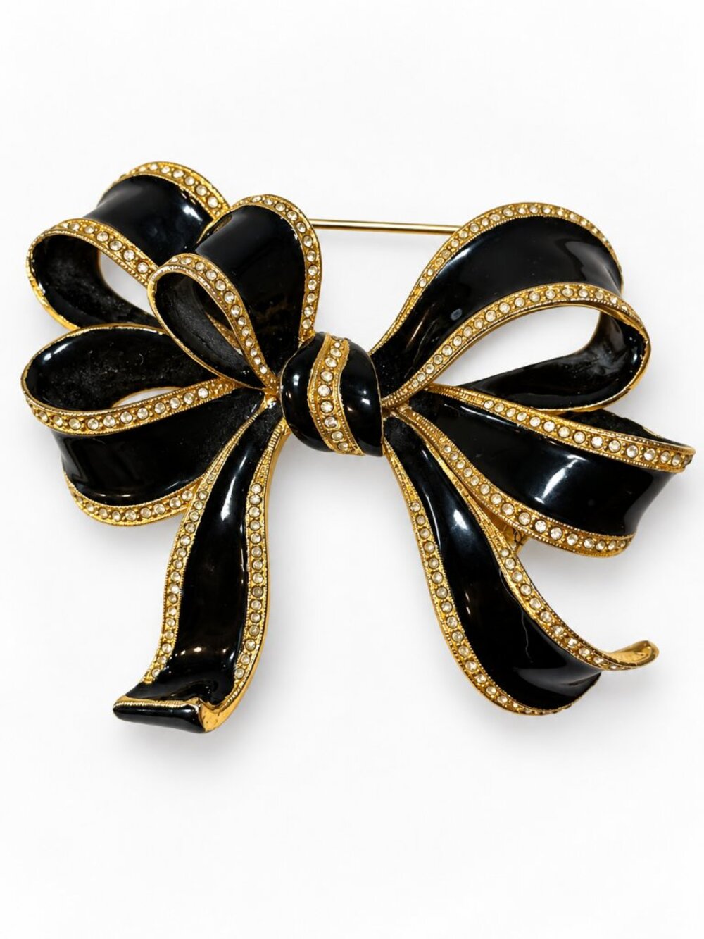 Vintage Black Enamel Rhinestone Bow Brooch Gold Tone 1980s Statement Pin